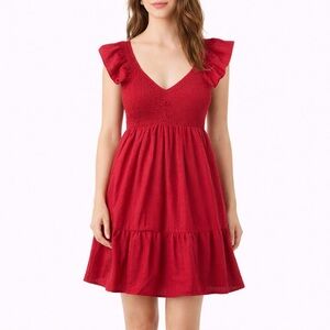NWT Thirty/Thirty LA Red Smocked Flutter Sleeve Babydoll Mini Dress Sleeveless
